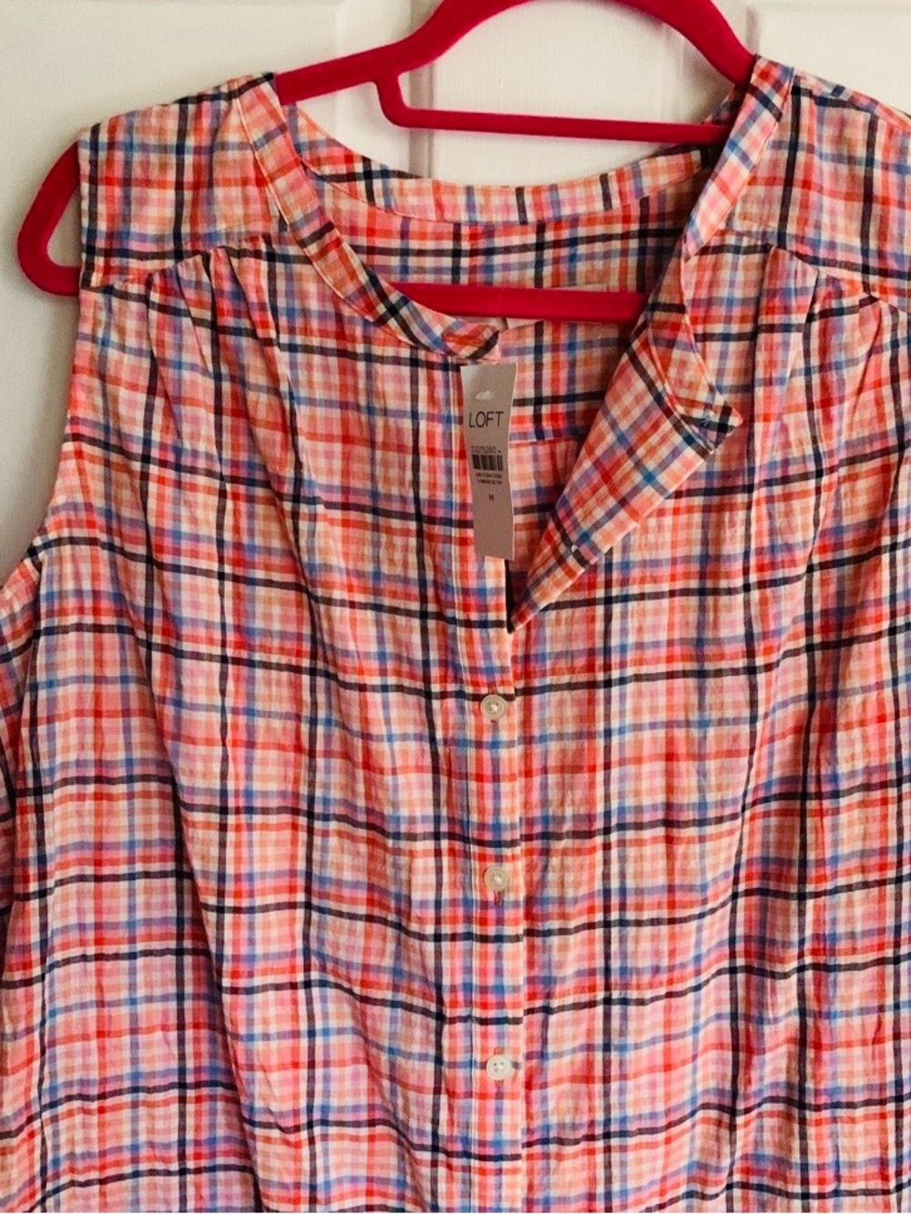 LOFT Coral, Blue & White Plaid Sleeveless Button-Front Top